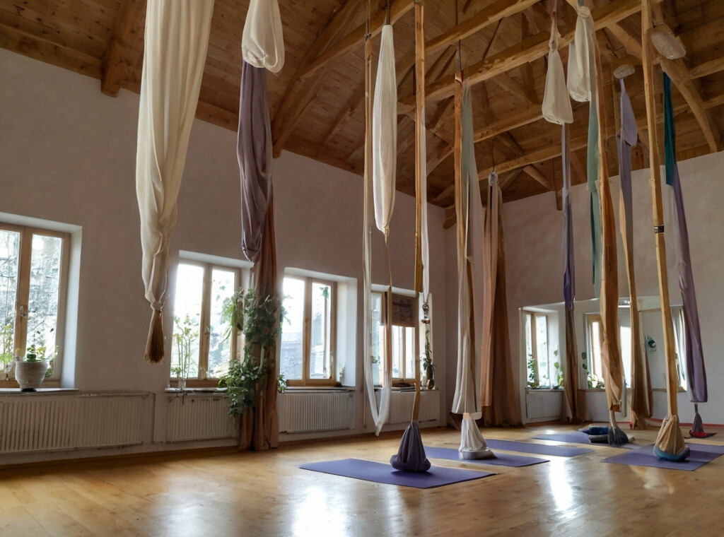 In einem Yoga Studio hängen Tücher für Aerial Yoga von der Decke.