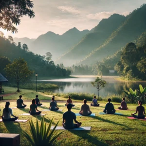 Friedliche Yoga-Praxis im Freien während eines Retreats.