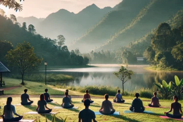 Friedliche Yoga-Praxis im Freien während eines Retreats.