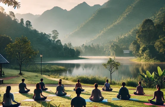 Friedliche Yoga-Praxis im Freien während eines Retreats.